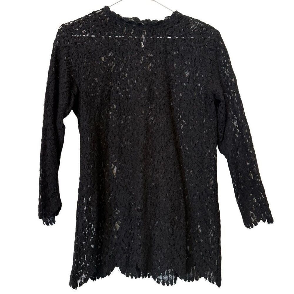 Zara Scalloped Trim Sheer Lace Unlined Quarter Sleeve Blouse Black Medium